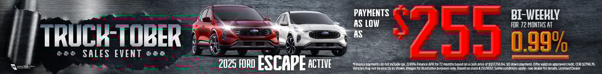 Promotional graphic with two Ford Escape Active models (red and white) against a steel background. Large red text reads “Payments as low as $255 bi-weekly for 72 months at 0.99%.” The Mid-Town Ford Winnipeg logo is at the bottom right.